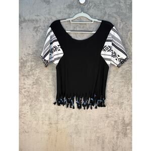Festival Shirt Small Beaded Fringe Cropped Off the Shoulder Southwestern Rodeo